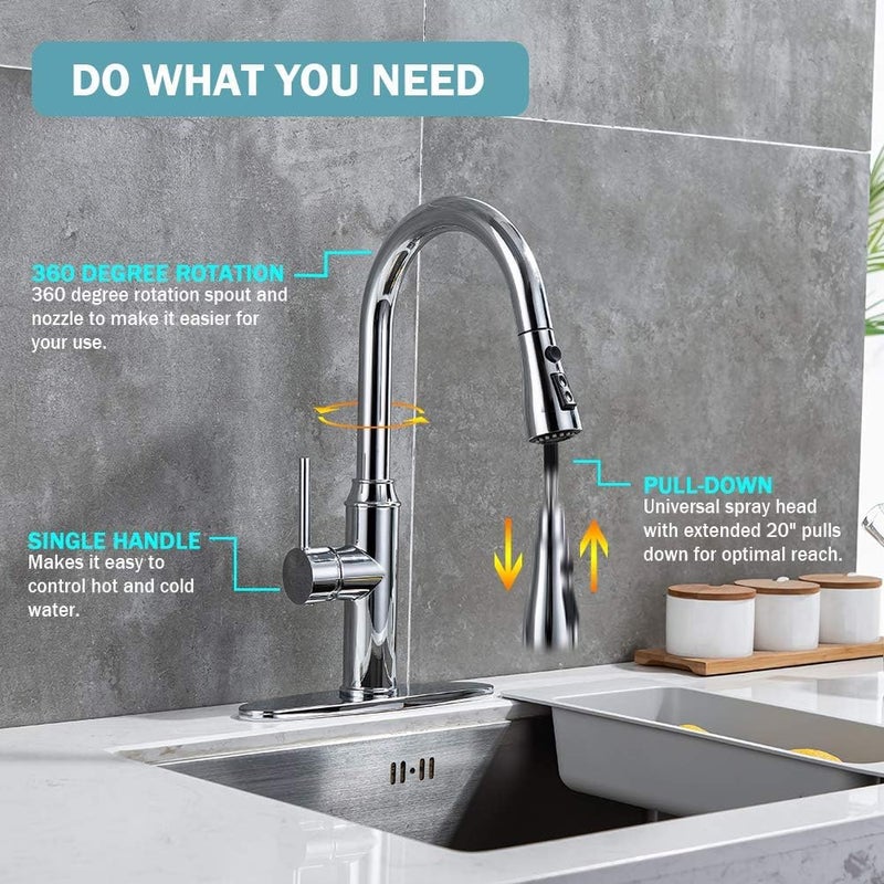 Arofa Kitchen Faucet with Pull Down Sprayer, Chrome Faucet for Kitchen Sink Stainless Steel Kitchen Faucets, Single Handle 1 or 3 Hole Faucet with Escutcheon for RV, Outdoor, Laundry & Utility Room Sink - Image 2
